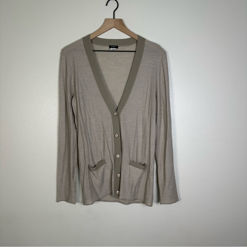 J CREW Womens Med Merino Wool Preppy Beige Stripe Lightweight Cardigan Sweater - Picture 2 of 7